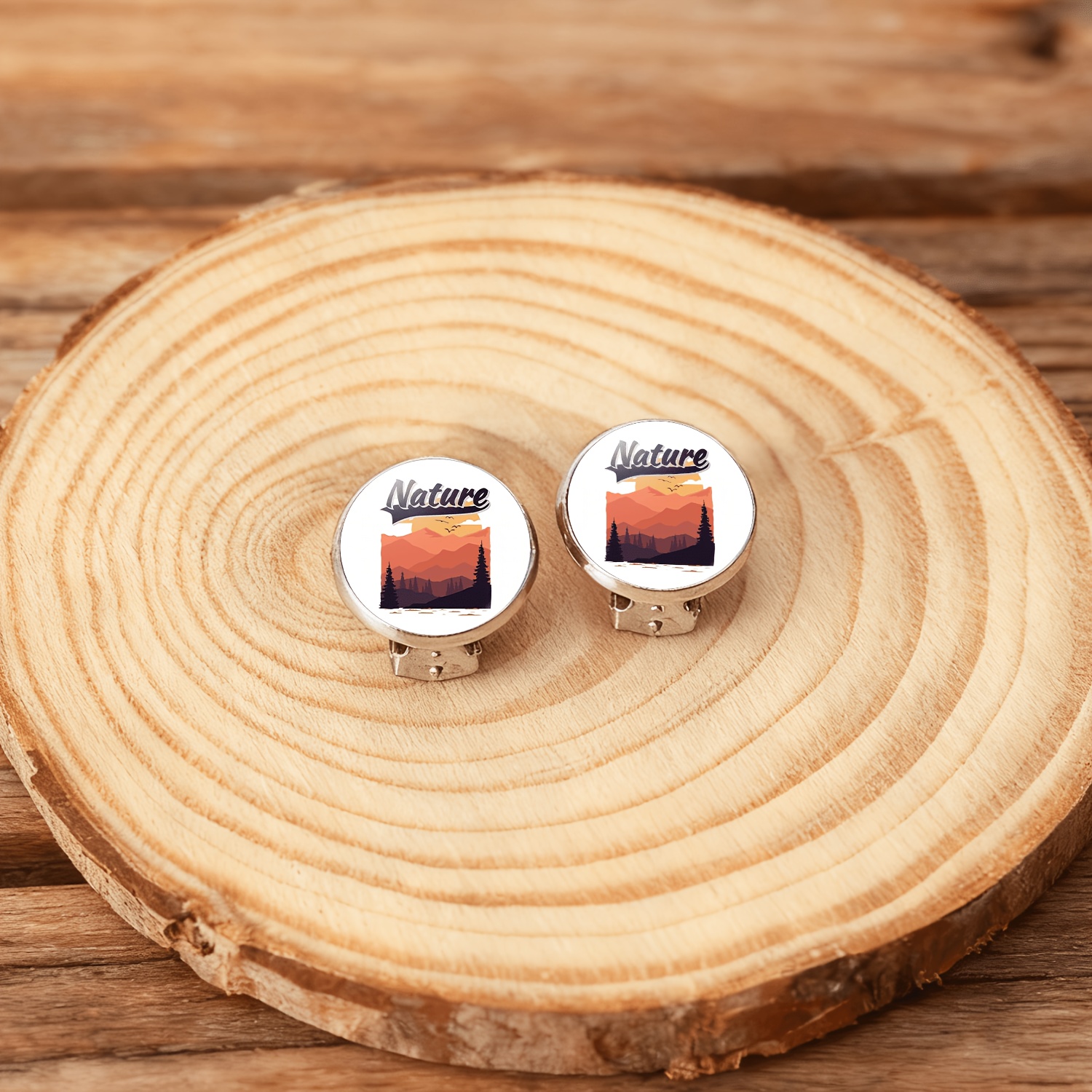 2pcs No-Pierced Ear Clip Round Glass Face Earrings, Mountain Sunset Design